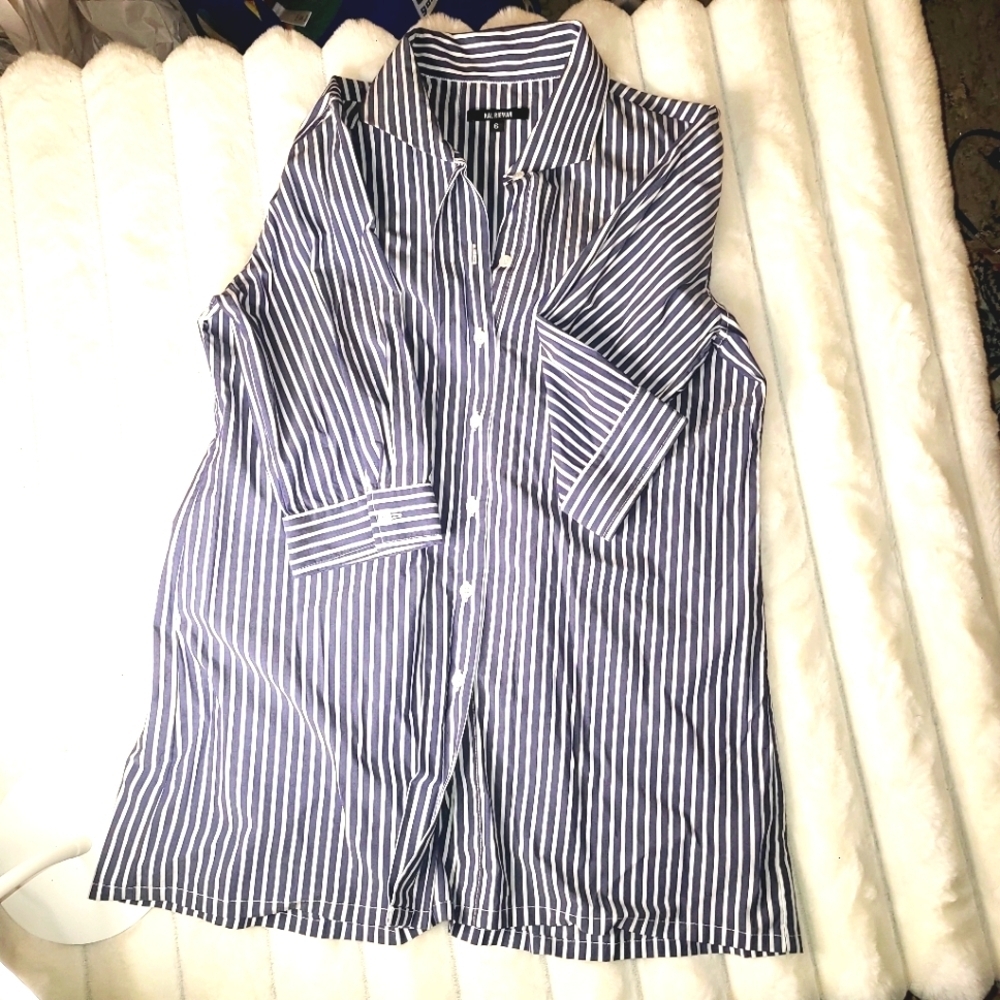 Kal Rieman Double blue and white Collar Button-Down  3/4 Sleeve Relaxed  Shirt